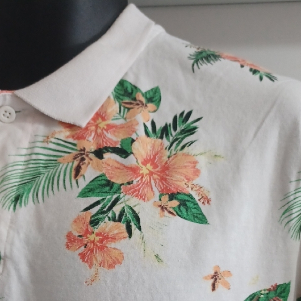 Threadbare Floral Print Polo Shirt - White, Green and Orange